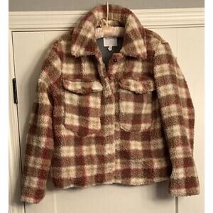 Avec Les Filles Sz M Faux Sherpa Teddy Trucker Shacket Plaid Pink/Brown